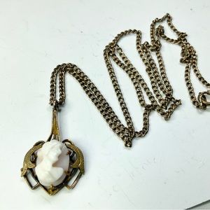 Antique Cameo Necklace Pink Conch Carved Cameo Antique Chain Gold Filled